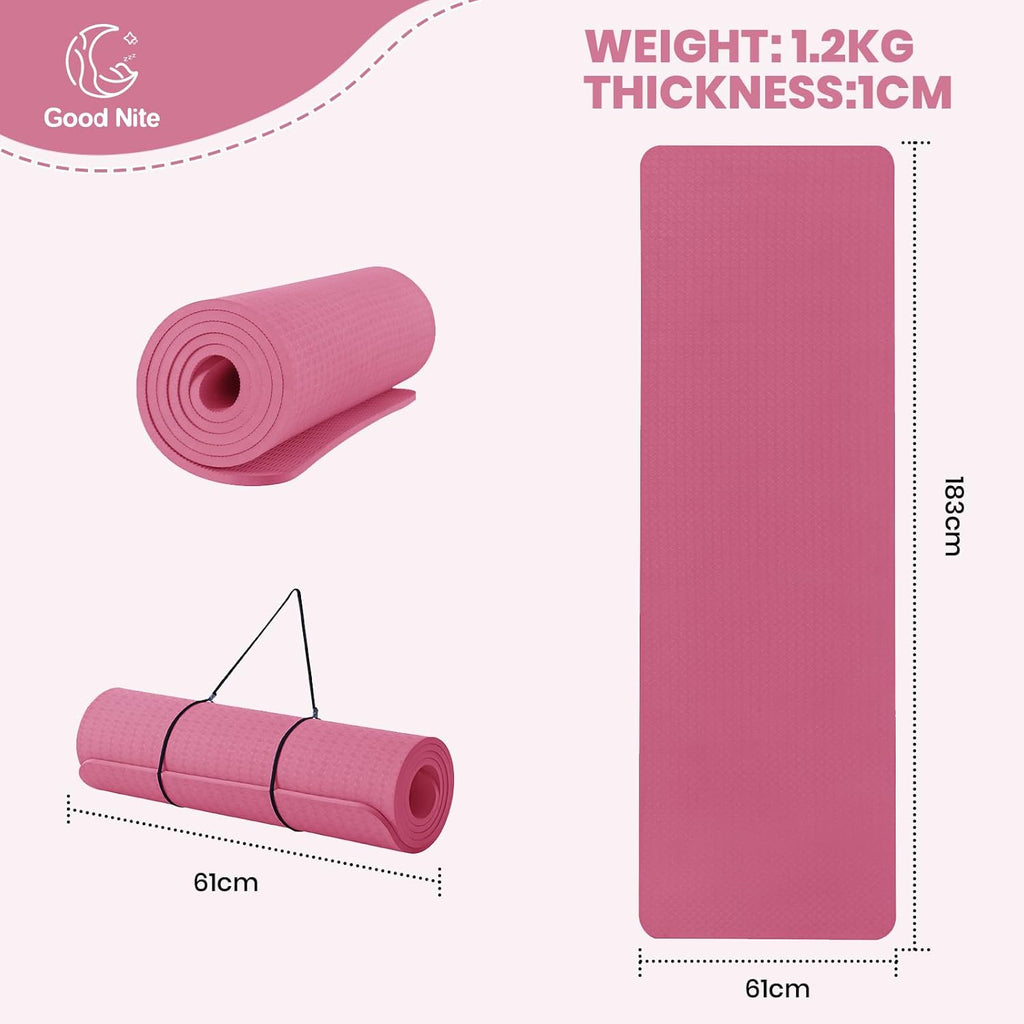 Good Nite Tapis de yoga en TPE épais 10 mm 183x61 cm Tapis d'exercice antidérapant avec sangle de transport, Coussinage supplémentaire pour pilates salle de sport entraînement à domicile, Prune