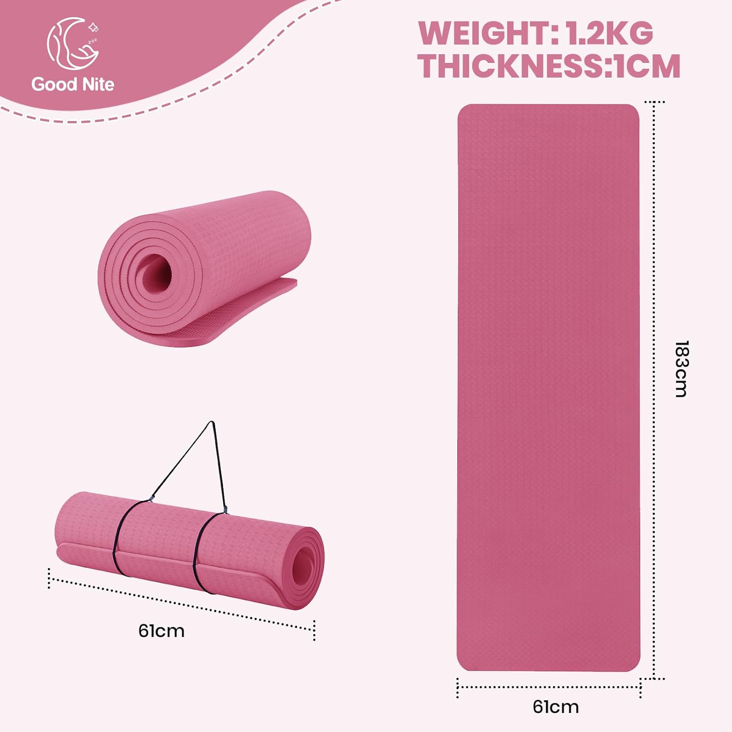 Good Nite Tapis de yoga en TPE épais 10 mm 183x61 cm Tapis d'exercice antidérapant avec sangle de transport, Coussinage supplémentaire pour pilates salle de sport entraînement à domicile, Prune