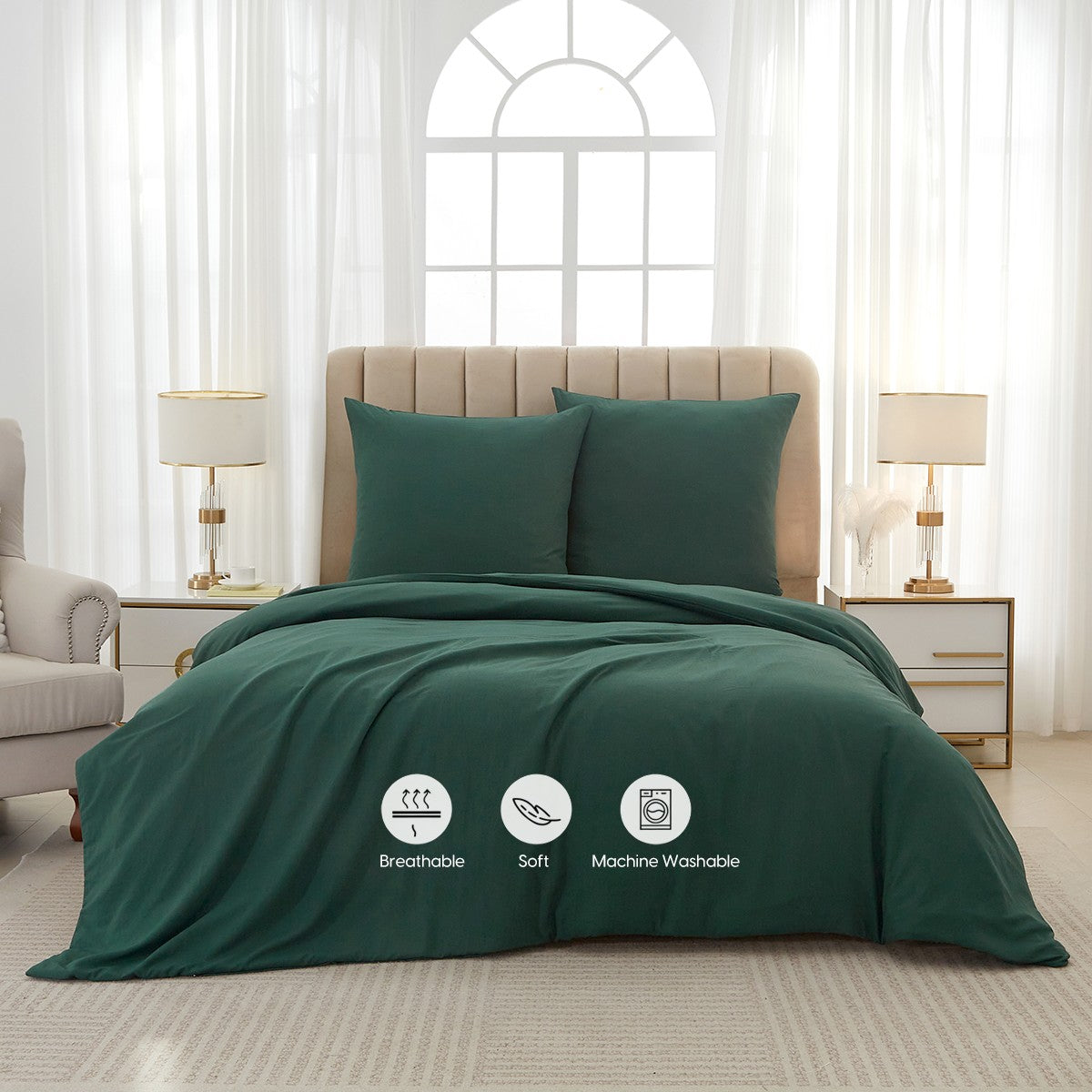 MEEALLHOME Parure de lit en flanelle lavée vert foncé - 1 housse 155 x 220 cm et 2 taies 80 x 80 cm