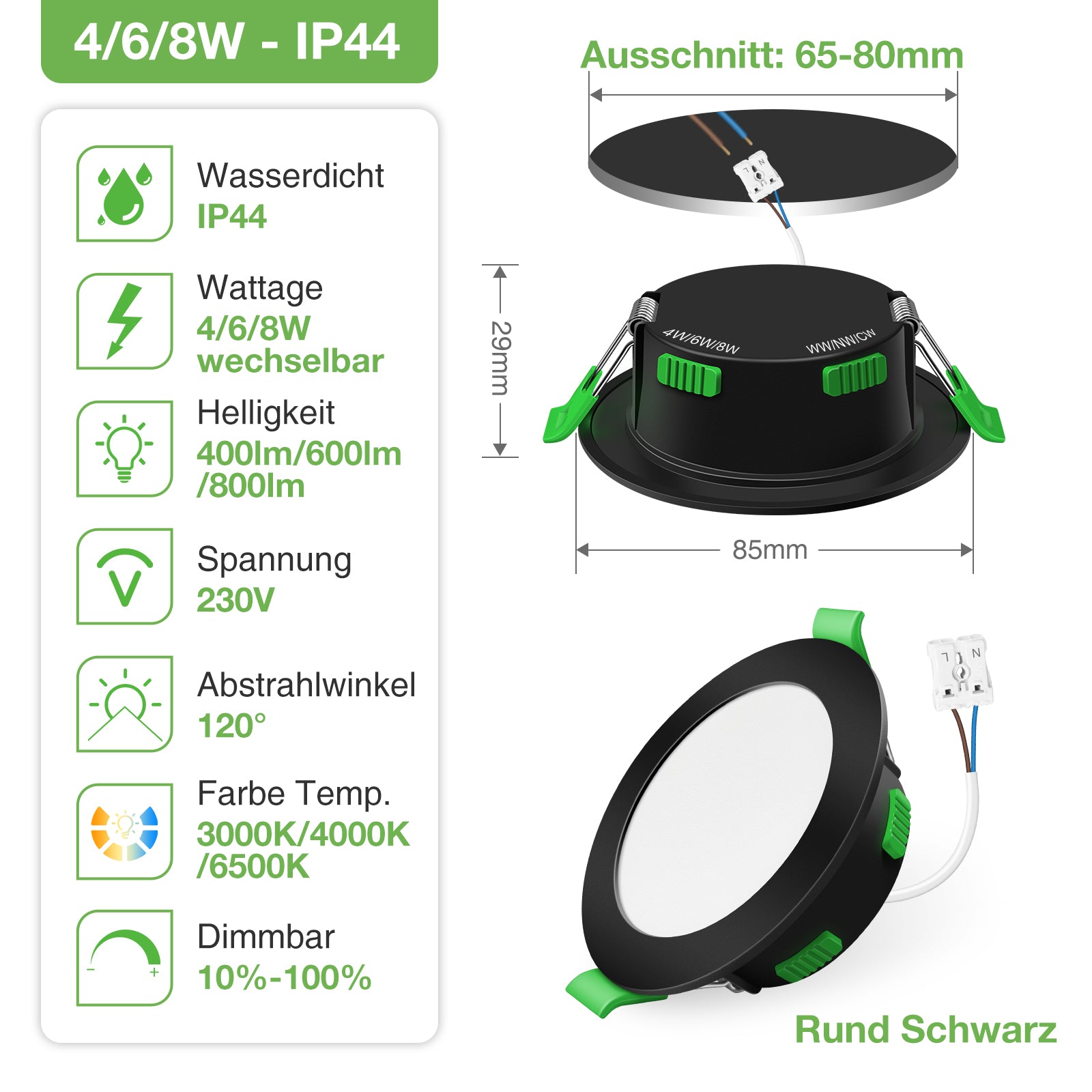 ALIPODLAX Spot encastré LED à intensité variable, Noir mat, 68 mm, Multipuissance, 3 températures de couleur (Chaud, Neutre, Blanc froid), IP44, pour salle de bain