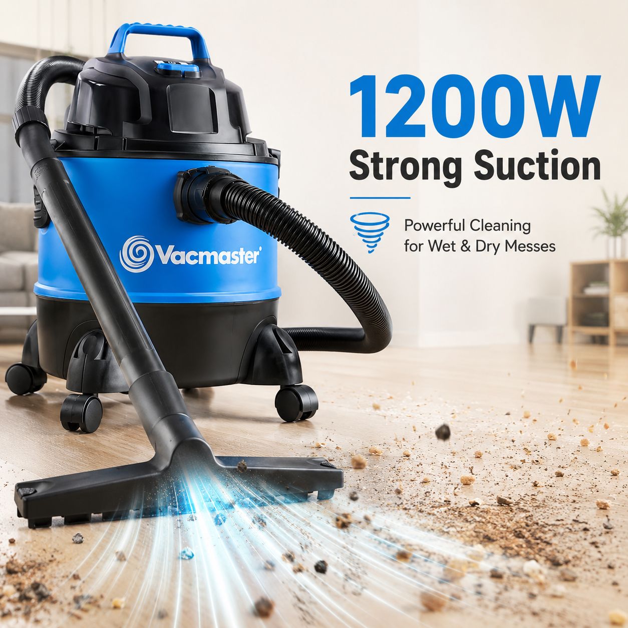 Vacmaster VQ1220PF Aspirateur Eau et Poussière 3-en-1 avec Soufflerie, Moteur 1250 W, Puissance d’Aspiration 200 AW, Cuve Antichoc 20 L, Compact pour Maison, Garage et Voiture