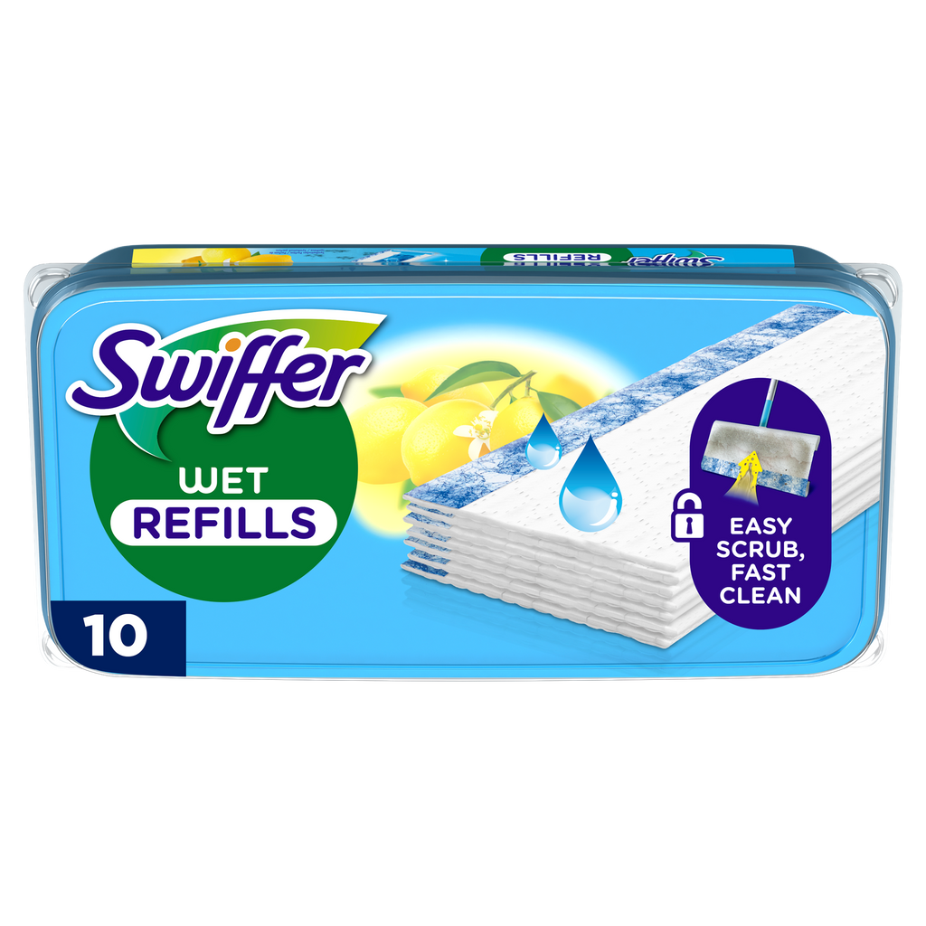 Swiffer Sweeper Lingettes Humides pour Sols, Pré-Mouillées pour Sols Durs, Captent la Poussière, la Saleté et les Cheveux, Parfum Citron, 10 Lingettes