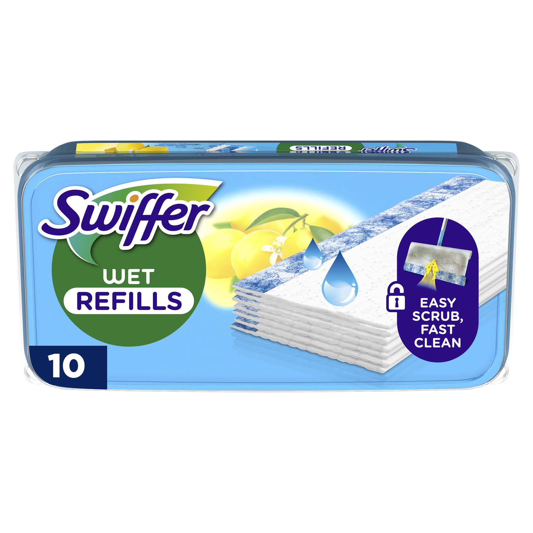 Swiffer Sweeper Lingettes Humides pour Sols, Pré-Mouillées pour Sols Durs, Captent la Poussière, la Saleté et les Cheveux, Parfum Citron, 10 Lingettes