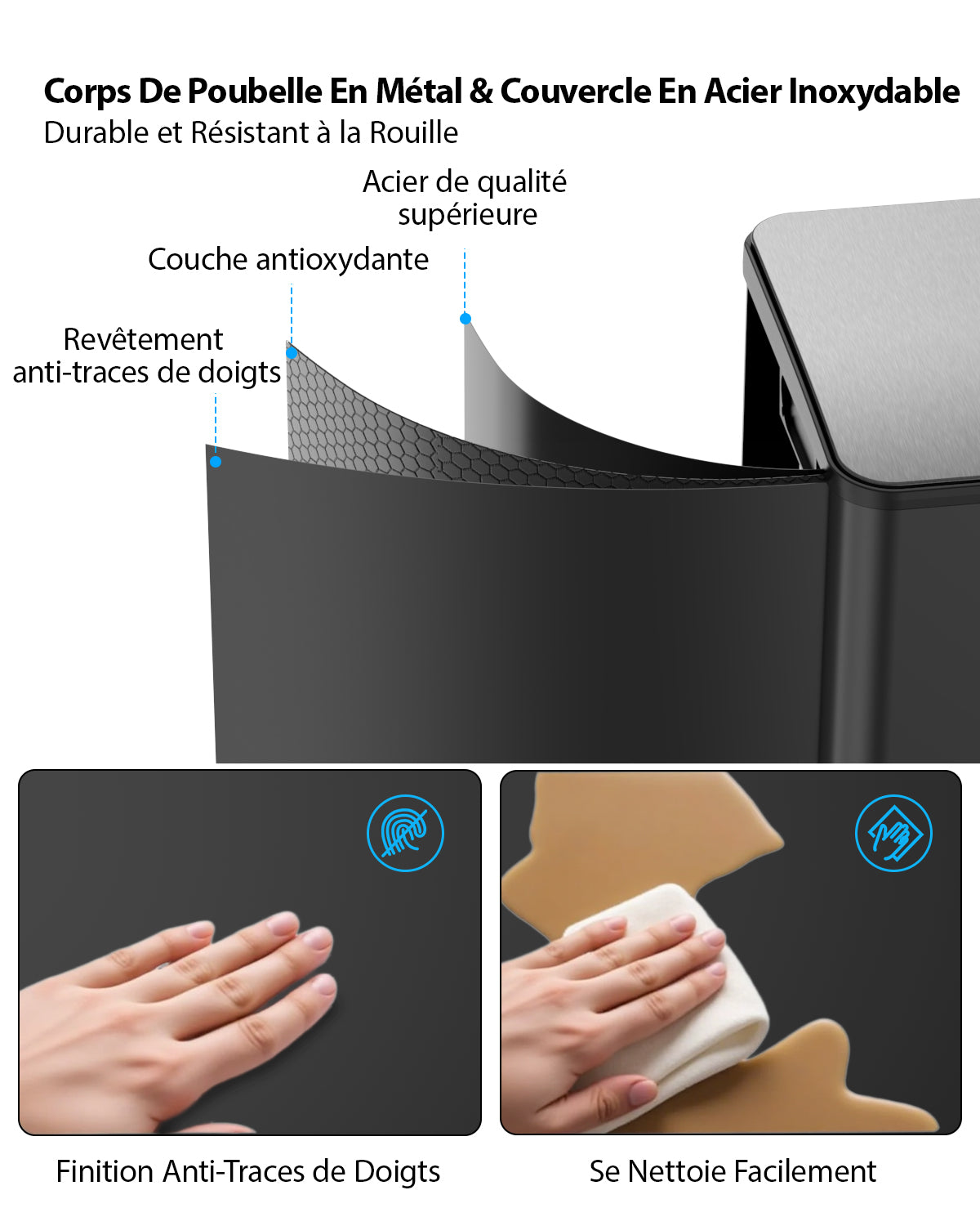 Poubelle de cuisine 60 L (3 x 20 L) en acier inoxydable, poubelle et bac de recyclage combinés avec couvercle à fermeture douce, poubelle à pédale à double compartiment pour recyclage, noir