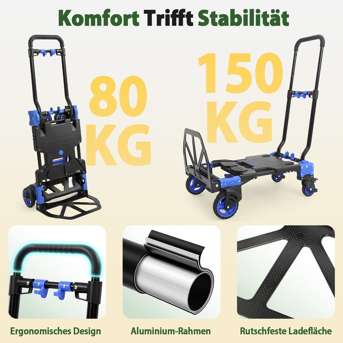 Sekey Diable pliable 2-en-1, Chariot de transport pliable en aluminium, Diable pliable et chariot plateforme, Charge maximale 150 kg