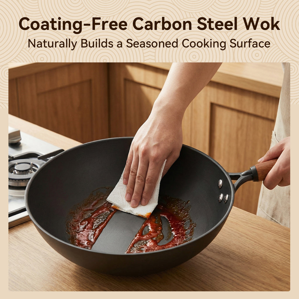 WANGYUANJI Wok en acier au carbone texturé à revêtement rotatif 12,6" avec couvercle en verre — Fond plat, sans revêtement, pour toutes les plaques de cuisson