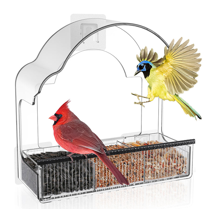 Blinkit Mangeoire en acrylique avec ventouse pour fenêtre, Design transparent, 6 ventouses solides, Gouttières élargies imperméables, Observation des oiseaux à la fenêtre, Noir/Blanc/Gris