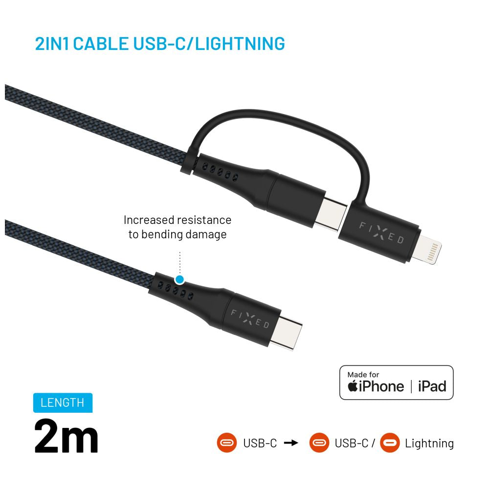 FIXED Câble USB-C vers USB-C tressé avec adaptateur Lightning, 2 m, MFi, Charge Rapide PD 60W, Gris