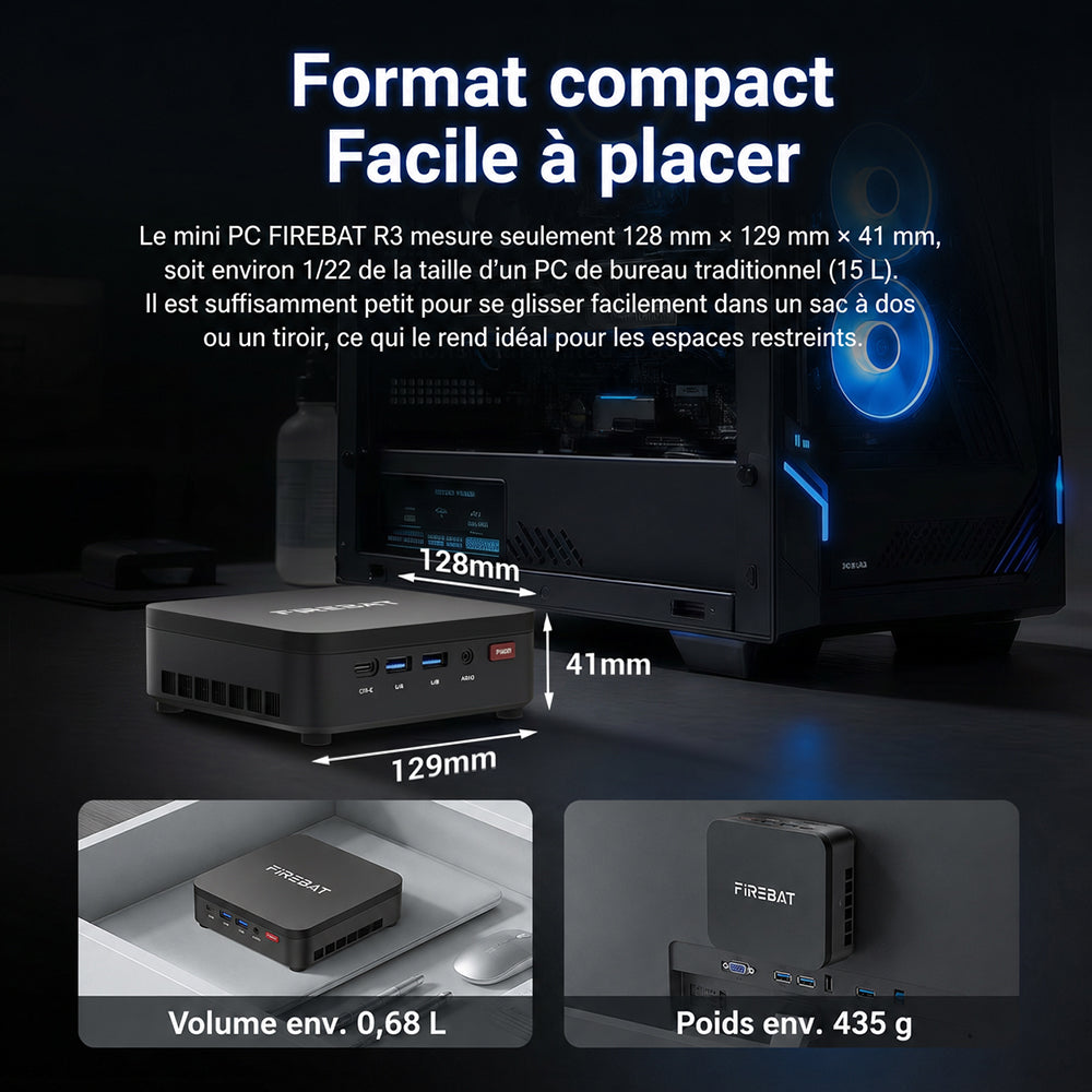 FIREBAT R3 Mini PC : AMD Ryzen 5 7430U (6 cœurs/12 threads), 16 GB RAM LPDDR4, 512 GB SSD, prend en charge l'affichage triple écran 4K, Wi-Fi 6, Bluetooth 5.2