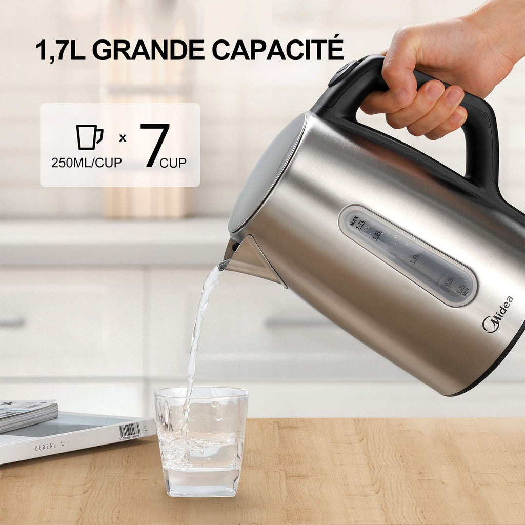 Midea Bouilloire électrique à réglage de température (40-60-70-80-90-100 °C), en acier inoxydable, 1,7 L, 2200 W, avec indicateur de niveau d’eau, fonction maintien au chaud