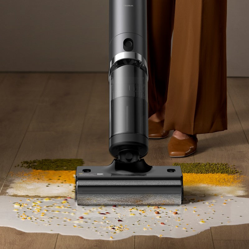 Lave-sol aspirateur sans fil Deerma DEM-VX900W équipé d’un système à double traction facilitant le nettoyage avant et arrière, conception bord à bord sans zone oubliée