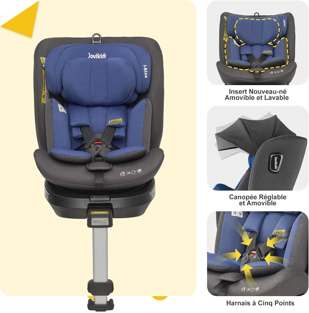 Jovikids siège auto 360° i-Size avec ISOFIX, 40-150 cm - rotation à 360°, convient de la naissance à 12 ans, 12 réglages de l'appui-tête, tissu lavable - la sécurité avant tout (bleu)