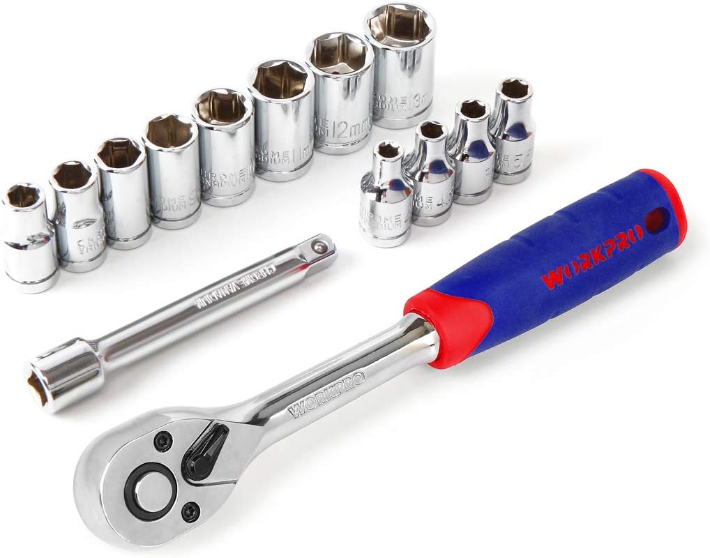 WORKPRO Jeu de clés à douilles métrique 14 pièces (4-13 mm), Cadeau pour la fête des Pères, Acier Cr-V antirouille, Clé à cliquet à cliquet rapide 72 dents 1/4", avec barre d'extension