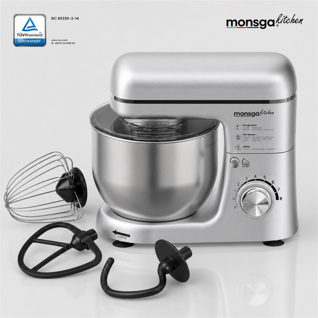 monsga SM100 Robot pâtissier, 1000 W, Noir/Argent, Bol mélangeur en acier inoxydable 6,0 L, Silencieux, Fouet, Crochet pétrisseur, Batteur et Couvercle anti-éclaboussures, 8 vitesses