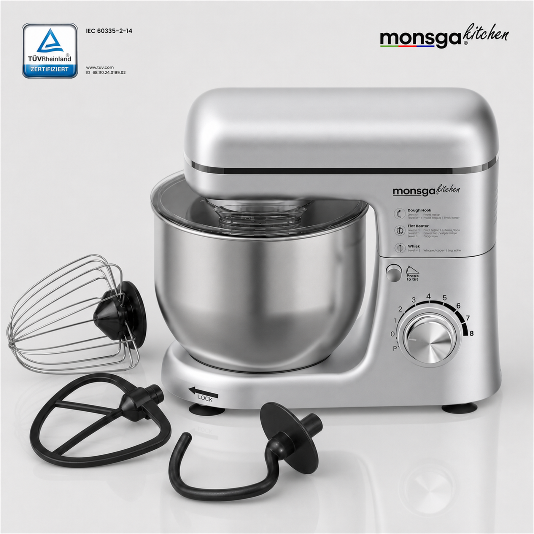 monsga SM100 Robot pâtissier, 1000 W, Noir/Argent, Bol mélangeur en acier inoxydable 6,0 L, Silencieux, Fouet, Crochet pétrisseur, Batteur et Couvercle anti-éclaboussures, 8 vitesses