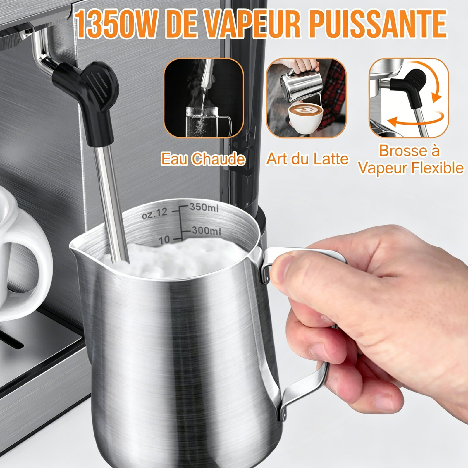 IAGREEA Machine à expresso professionnelle 20 bars avec manomètre, buse vapeur et plateau chauffe-tasses, machine à café à simple/double dose, réservoir d'eau amovible de 1,1 L