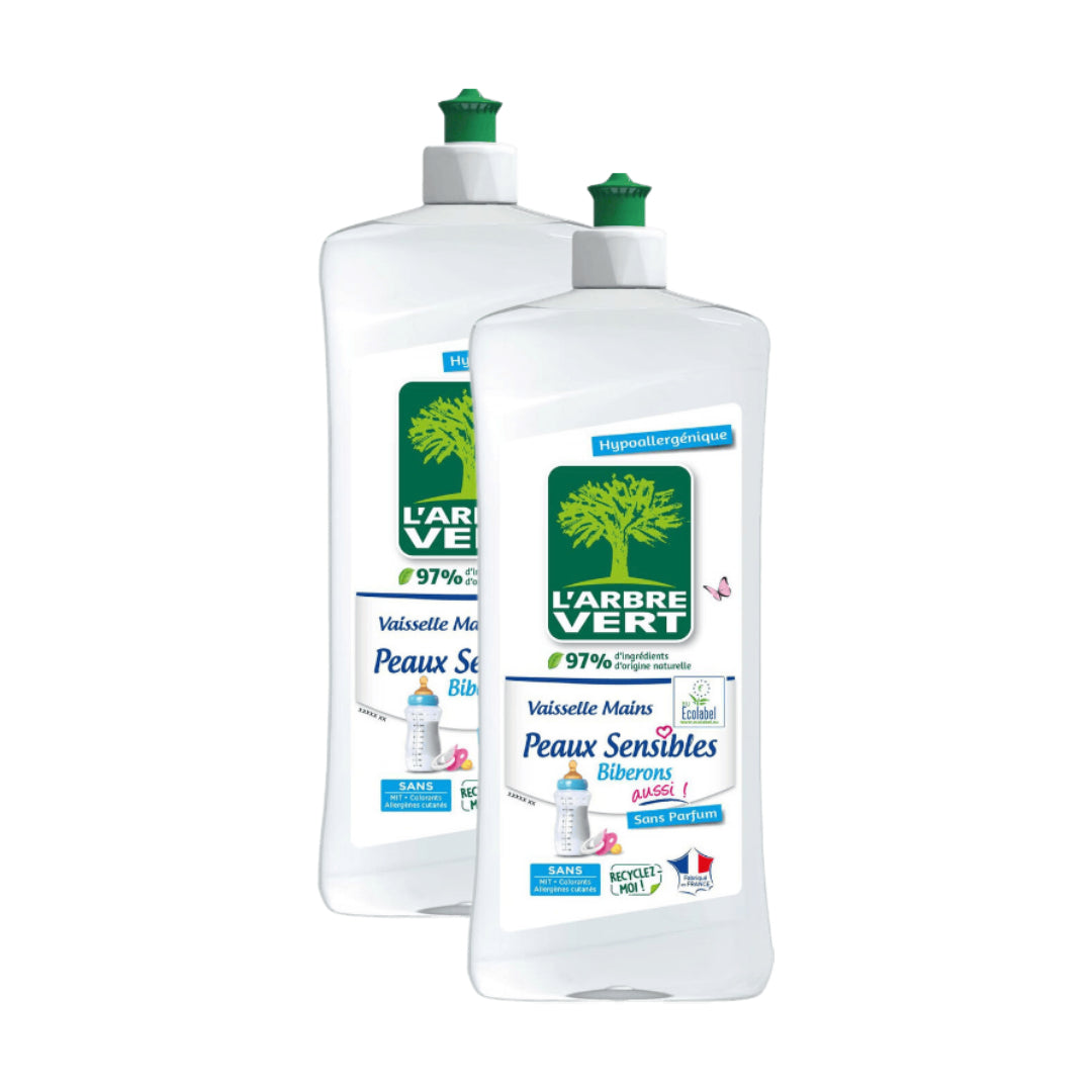 L'Arbre Vert Liquide Vaisselle Hypoallergénique pour Peaux Sensibles & Biberons 2 x 750 ml (= 1,5 L)