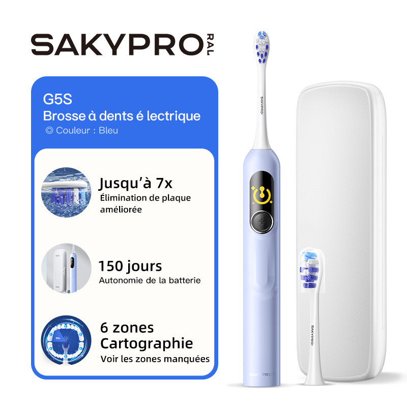 SAKYPRORAL G5S Brosse à dents électrique intelligente avec écran, minuterie et étui de rangement - Bleu