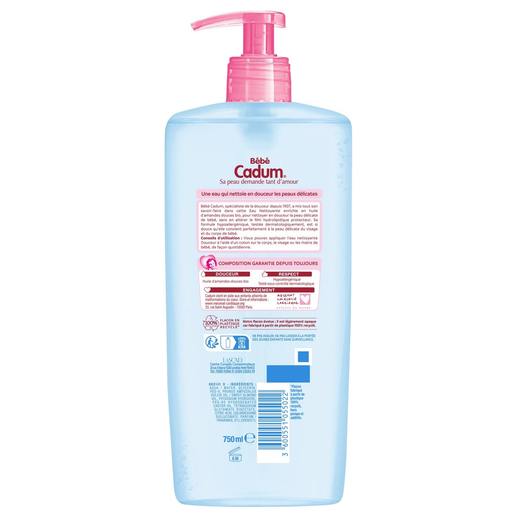 CADUM Lait/Eau Nettoyante Bébé à l'Huile d'Amande Douce Bio 750 ml