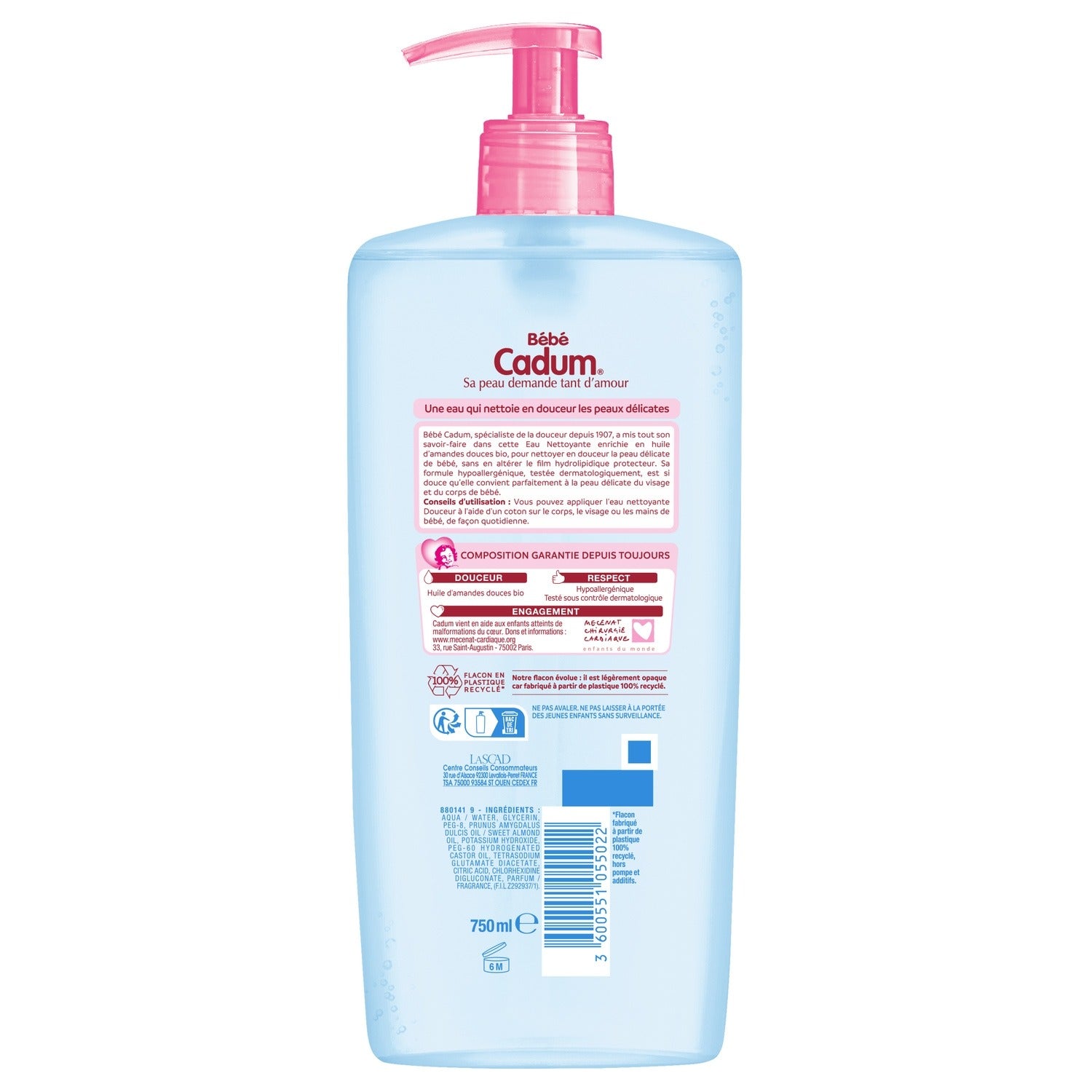 CADUM Lait/Eau Nettoyante Bébé à l'Huile d'Amande Douce Bio 750 ml