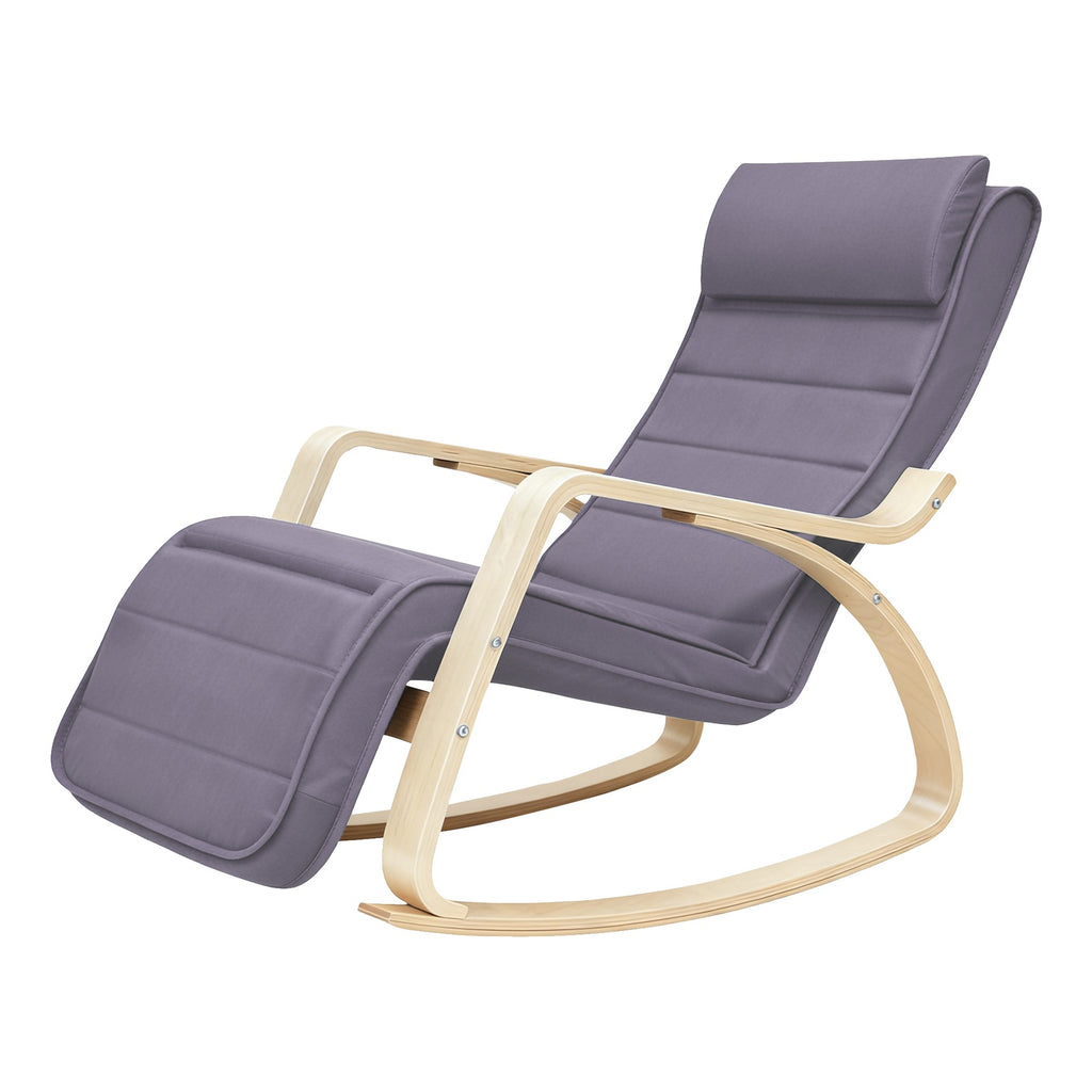 JOYFURNOS Fauteuil à bascule avec accoudoirs, Fauteuil lounge à bascule en bois de bouleau, Repose-pieds 5 positions réglables, Gris clair et Naturel