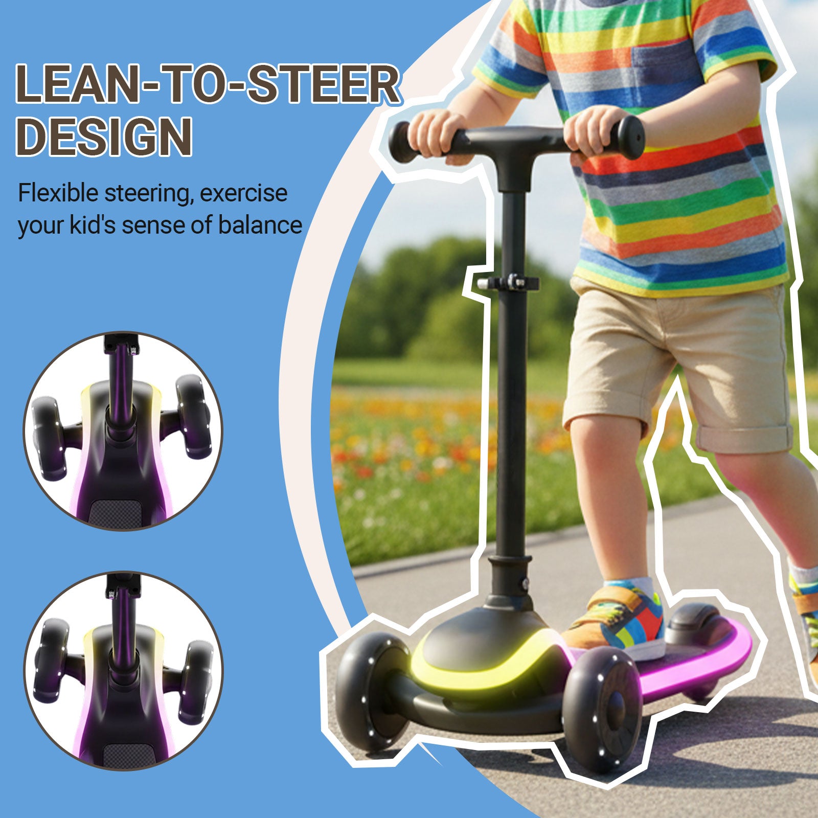 Neuleb YFQ Trottinette enfant pour garçons et filles 3-10 ans, trottinette à 3 roues lumineuse pour tout-petits avec modes LED dynamiques, pliable, hauteur réglable