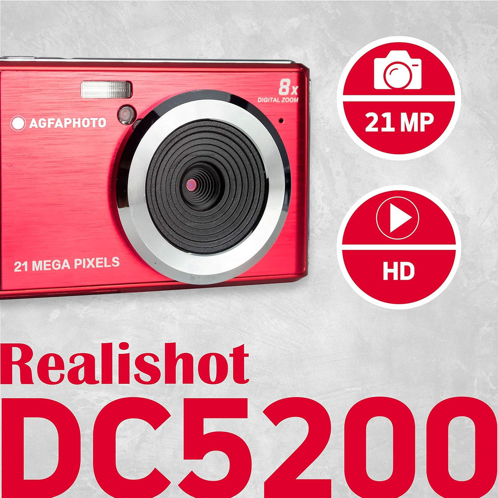 AgfaPhoto Appareil photo numérique compact 21 MP, zoom numérique 8x, Rouge