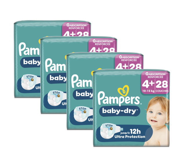 Pampers Baby-Dry, Taille 4+, 112 Couches, 10-15kg, Extra Absorption, Une nuit jusqu'à 100% sans fuites avec la Poche Stop & Protect à l’arrière de la couche