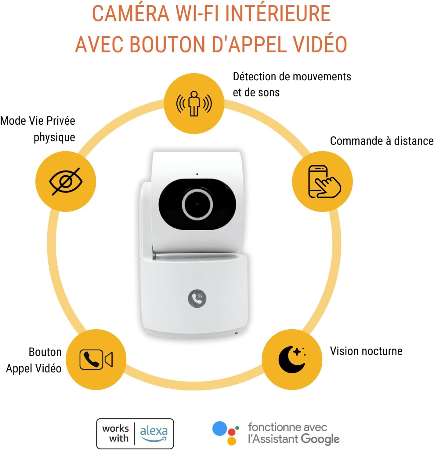 Konyks Camini Care 2 Caméra de Surveillance intérieure WiFi PTZ, 3MP, Bouton d'appel vidéo et Sirène intégrée, Notifications Smartphone, Détection de Mouvement et Bruit