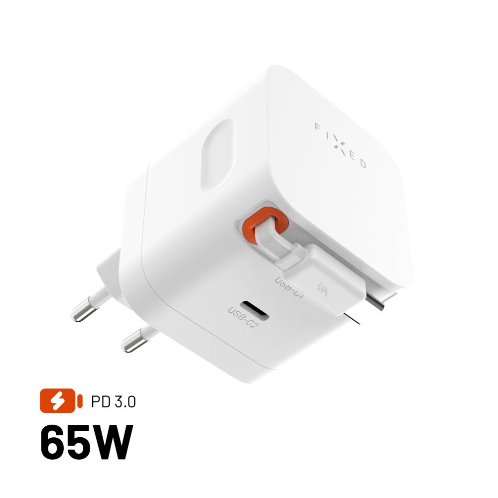 FIXED Chargeur de voyage GaN 65W avec câble rétractable, double USB-C, Charge Rapide PD 3.0, Blanc