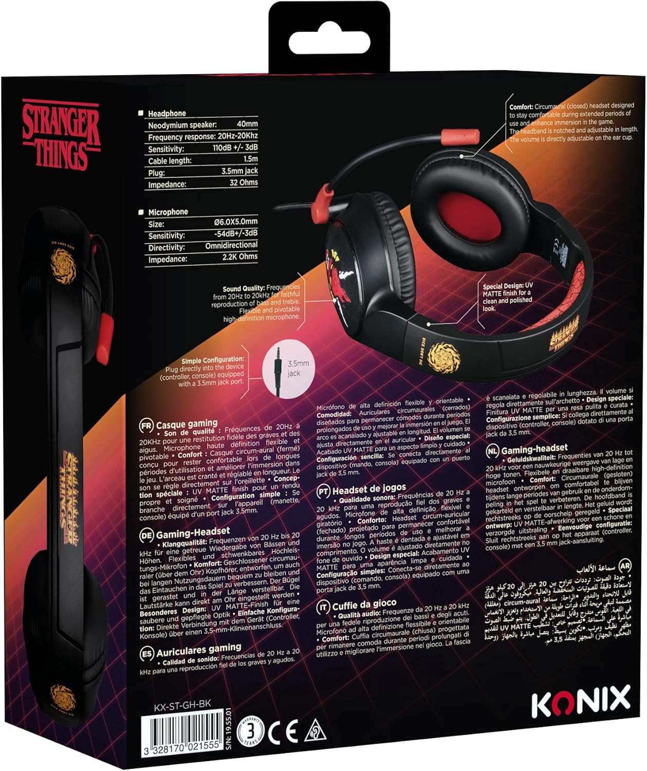KONIX Stranger Things Casque de jeu circum-aural filaire pour PC, PS5, Switch 2 et Xbox - Microphone - Câble 1,5 m - Connecteur 3,5 mm - Motif Hellfire Club