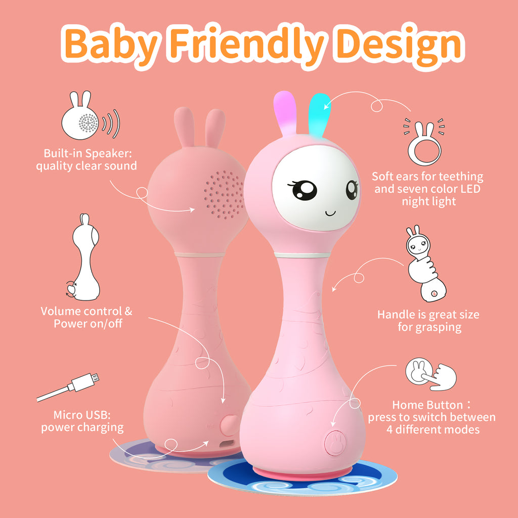 alilo Smarty Bunny Hochet Bébé Jouets Musiques Lumineux pour Bébés 0+ Mois Cadeaux pour Filles, 5 Modes Musiques et Fonction de Reconnaissance des Couleurs avec 9 Cartes de Couleurs, Rose