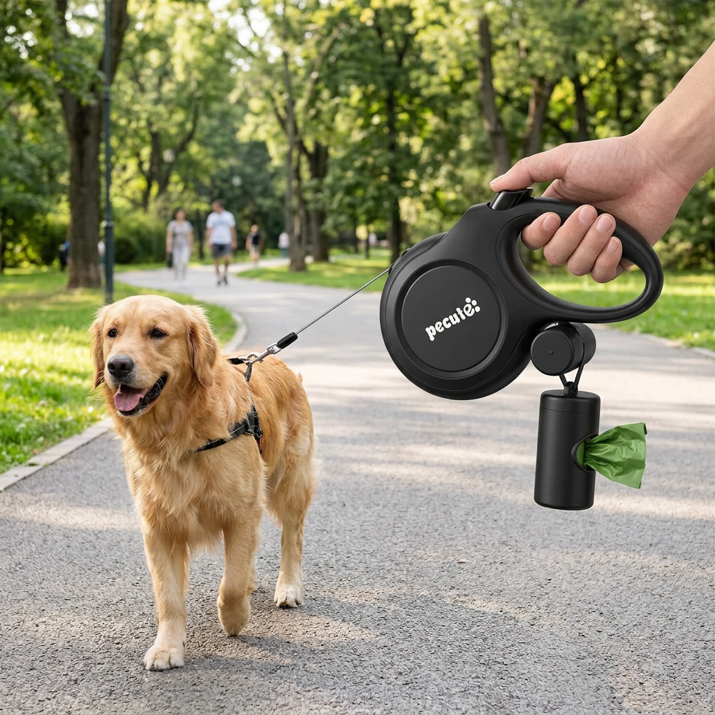 Pecute Série Instant-Control Laisse pour chien rétractable 8 m avec câble en acier anti-morsure 50 cm et distributeur de sacs à déjections - Noir
