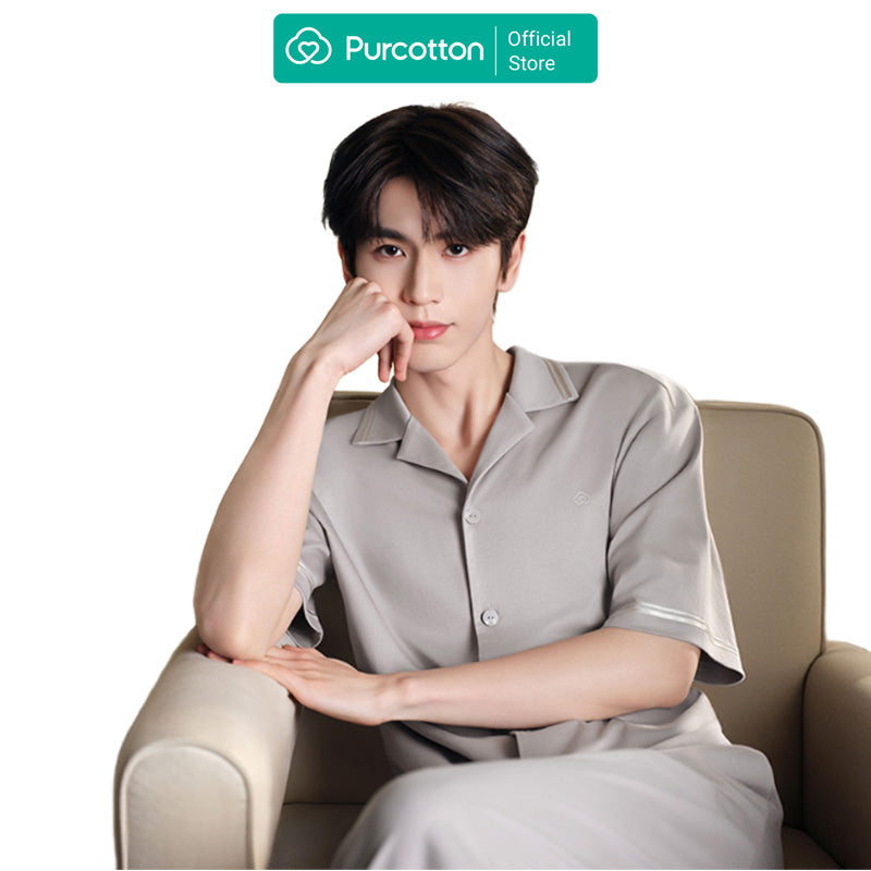 Purcotton Ensemble de loungewear en coton soyeux rafraîchissant pour homme - Sensation de fraîcheur et respirant - Hydratant et doux - Maison d'été - Marron champ de blé