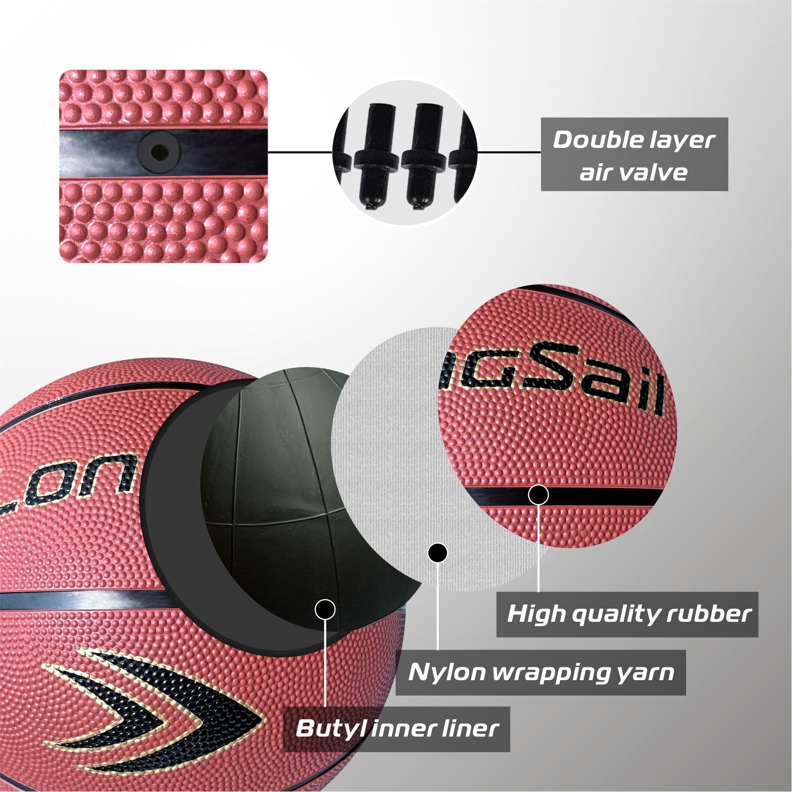 LONGSAIL Ballon de basket en caoutchouc de haute qualité 29,5 po Taille 7 Marron rougeâtre