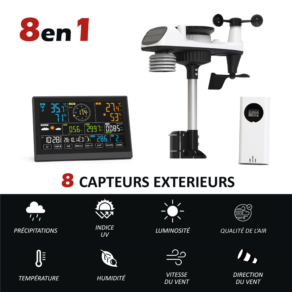 KYF Station météo intelligente solaire 8-en-1 avec surveillance de la qualité de l’air