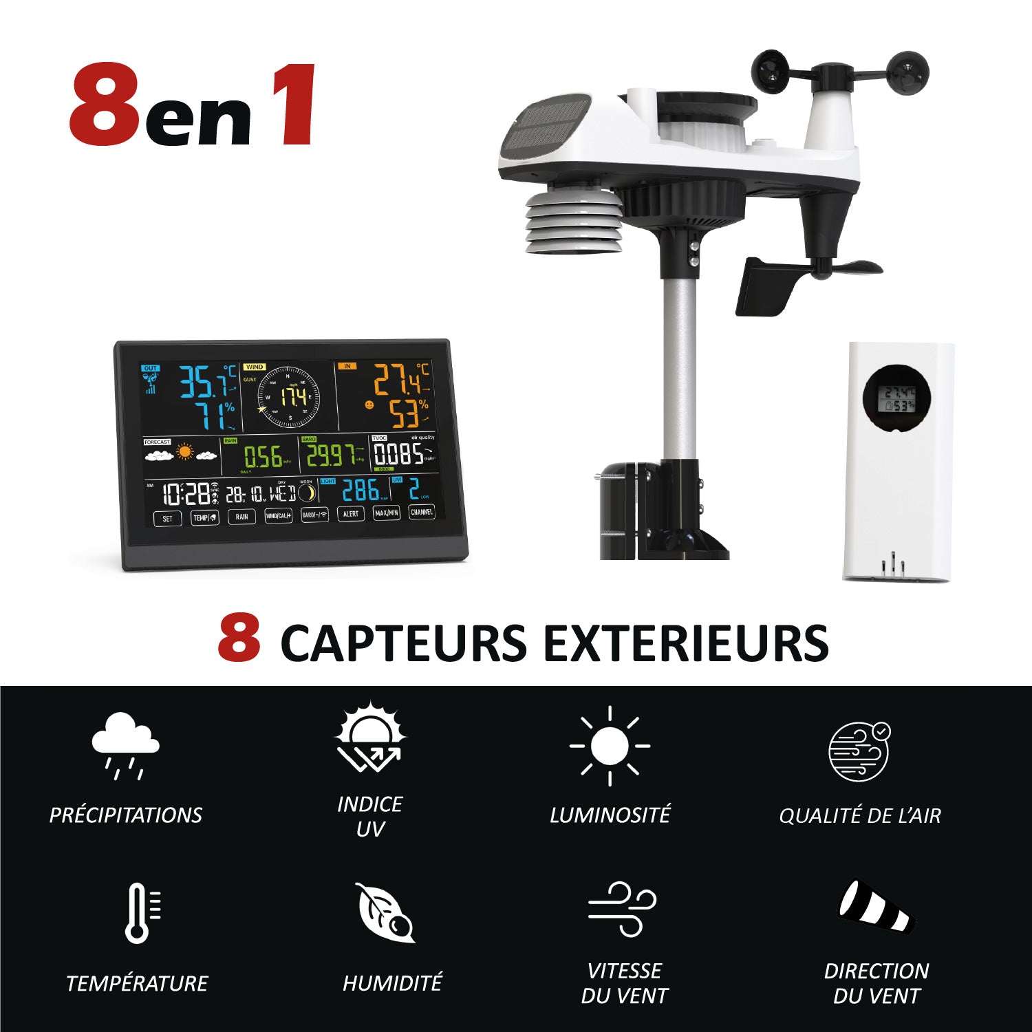 KYF Station météo intelligente solaire 8-en-1 avec surveillance de la qualité de l’air