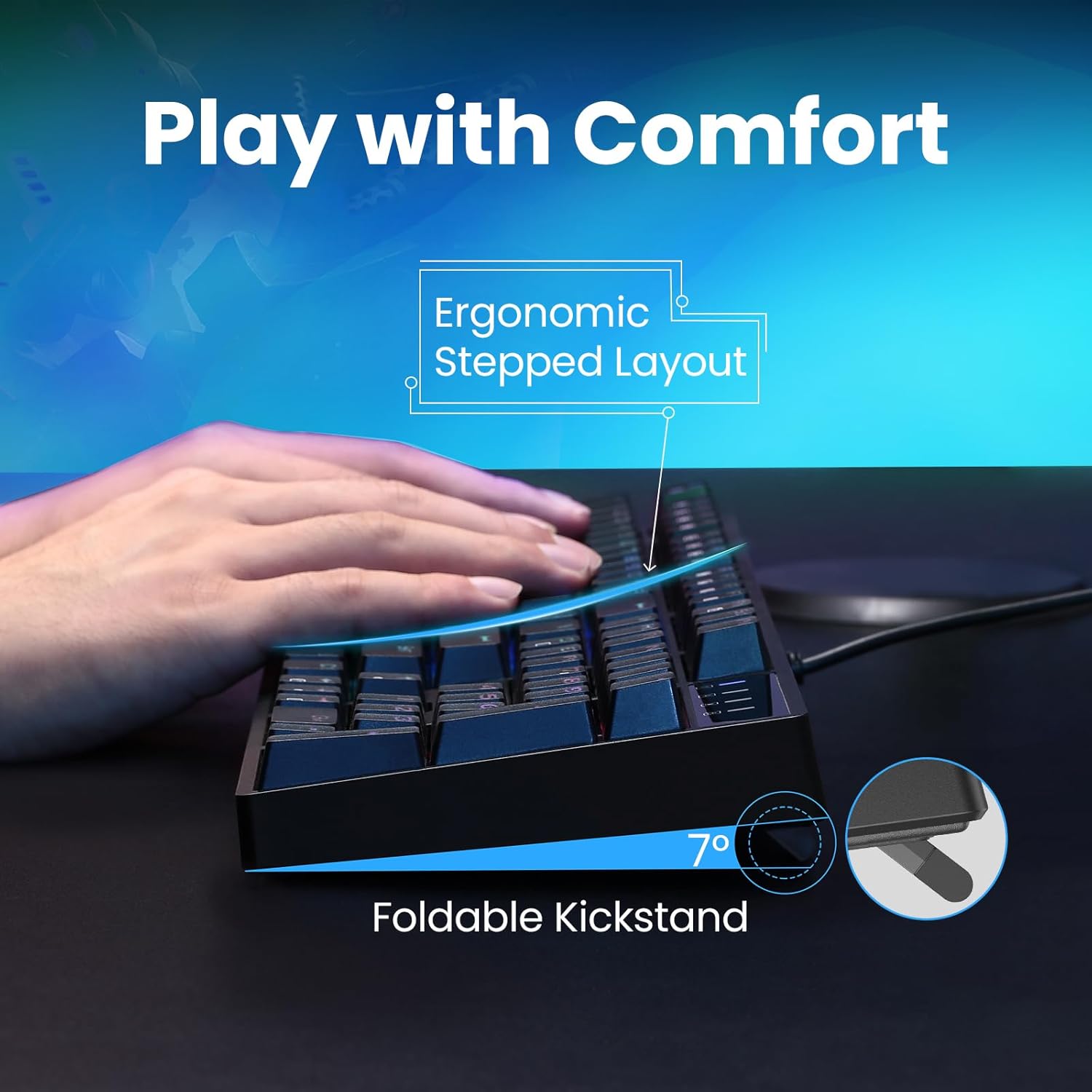 Clavier de jeu mécanique filaire 100 % ET, disposition QWERTY US, clavier filaire USB à interrupteurs bleus, 20 modes d'éclairage RVB, clavier complet à 104 touches
