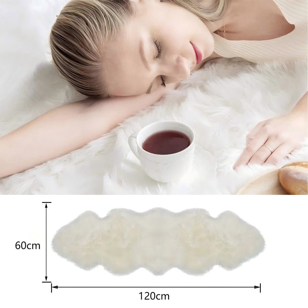 Tapis de laine de mouton imitée White Label, 60x120 cm tapis d'appoint en peluche douce, Tapis de salon à poils longs blanc avec bordure effet daim pour lit, canapé, chaise