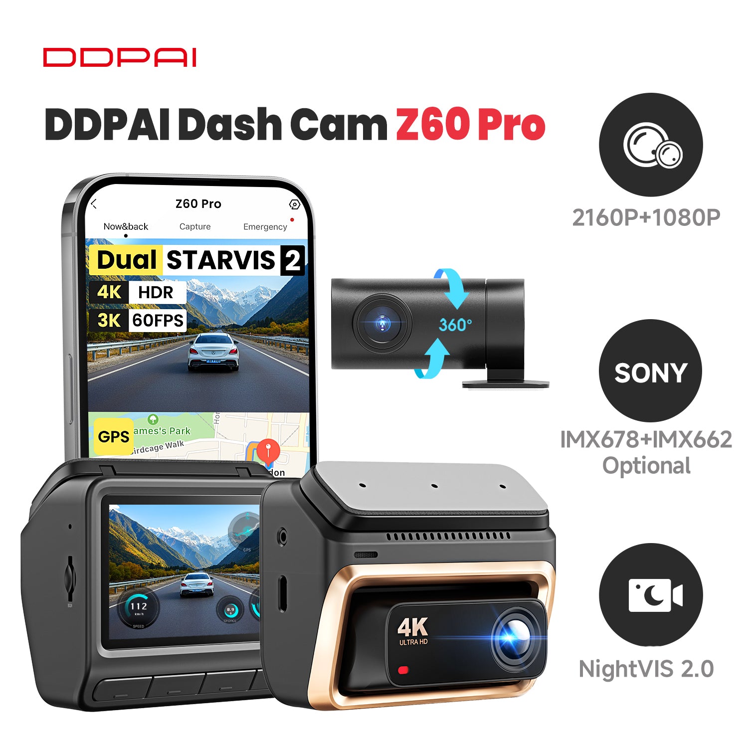 DDPAI Z60 Pro Dashcam 4K 3 Pouces DVR Voiture Double Caméra Avant et Arrière STARVIS 2 IMX678 et IMX622 60 FPS HDR AI-ISP Vision Nocturne WiFi 5 GHz GPS Support Mode Stationnement 24 H - 3 Canaux
