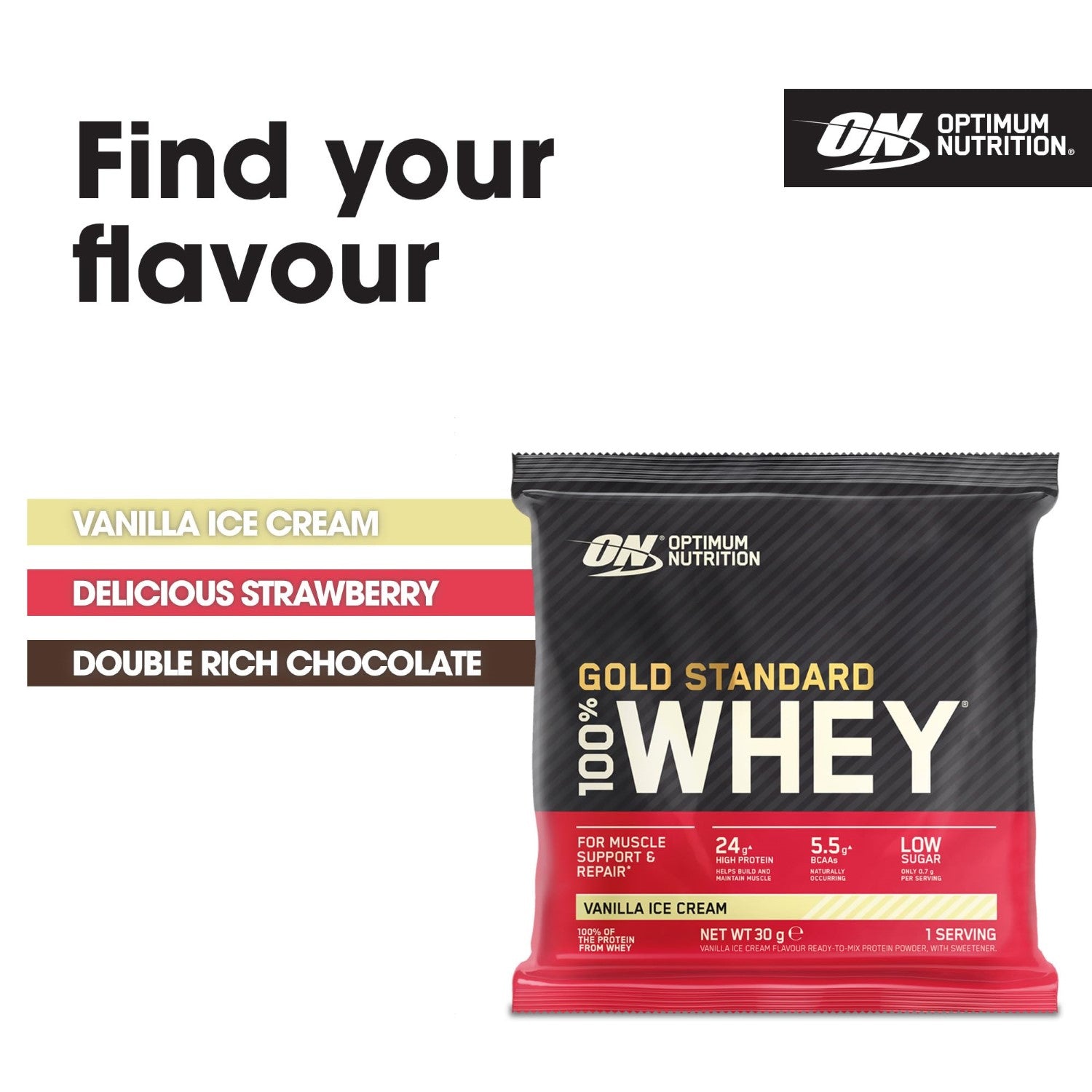 OPTIMUM NUTRITION Gold Standard 100% Whey Poudre protéinée saveur glace à la vanille - 24 x 31 g