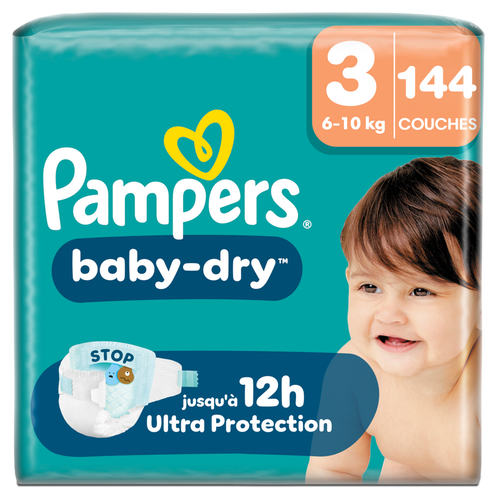 Pampers Baby-Dry, Taille 3, 144 Couches, 6-10kg, Une nuit jusqu'à 100% sans fuites avec la Poche Stop & Protect à l’arrière de la couche