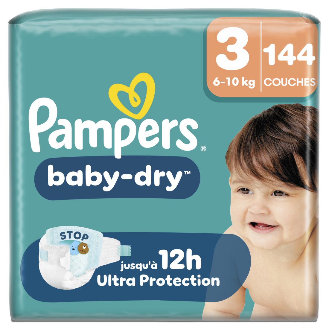 Pampers Baby-Dry, Taille 3, 144 Couches, 6-10kg, Une nuit jusqu'à 100% sans fuites avec la Poche Stop & Protect à l’arrière de la couche