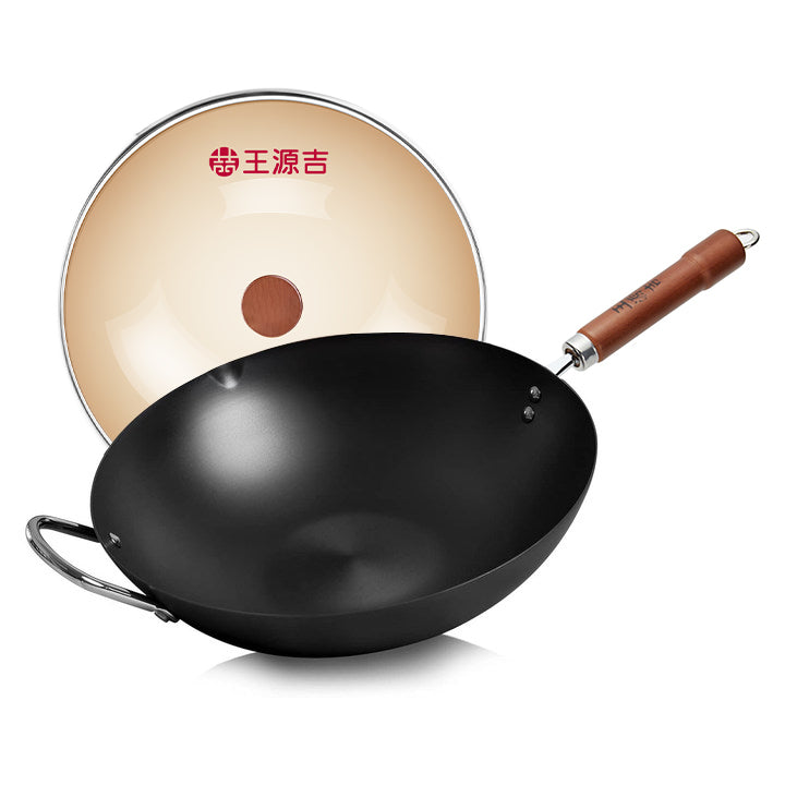 WANGYUANJI 12,6" Wok léger en acier au carbone, wok en fer chinois avec couvercle en verre - Fond plat texturé nid d'abeille pour antiadhésif physique, compatible avec tous les feux