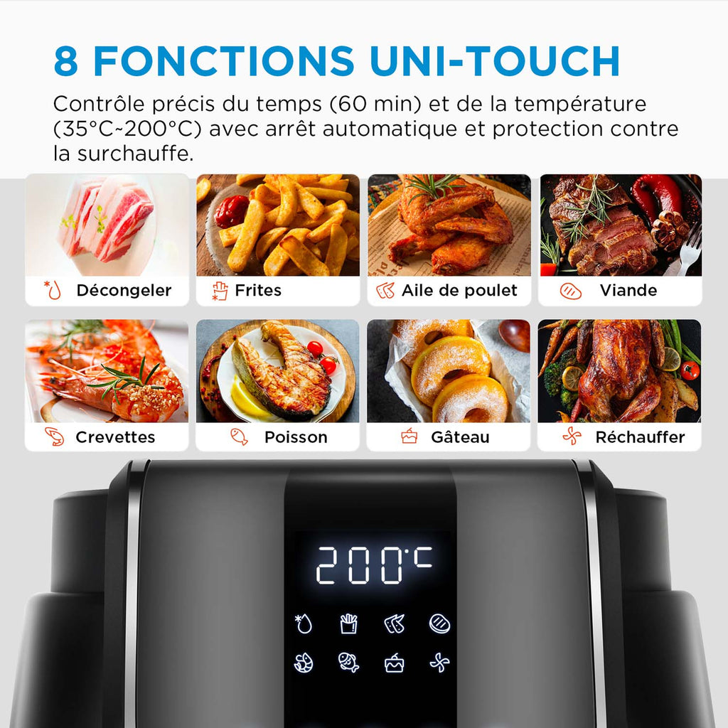 Friteuse sans huile Midea - 4 L, 1500 W, 8 modes préréglés, 35-200 °C, Cuisson, Rôtissage, Gril, Décongélation, Alarme de secouage, Minuterie de 60 minutes, 41 recettes