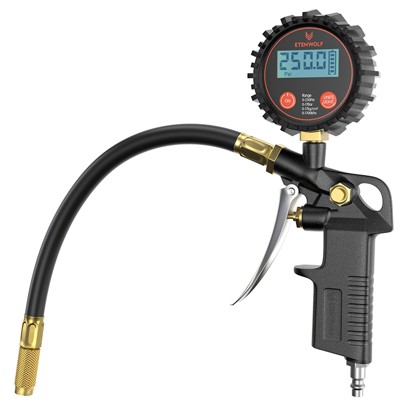ETENWOLF T500 Manomètre numérique pour pneus avec gonfleur 0-250 PSI, calibré selon ANSI B40.7 grade 2A, embout à air et accessoires pour compresseur avec sac de rangement - Noir