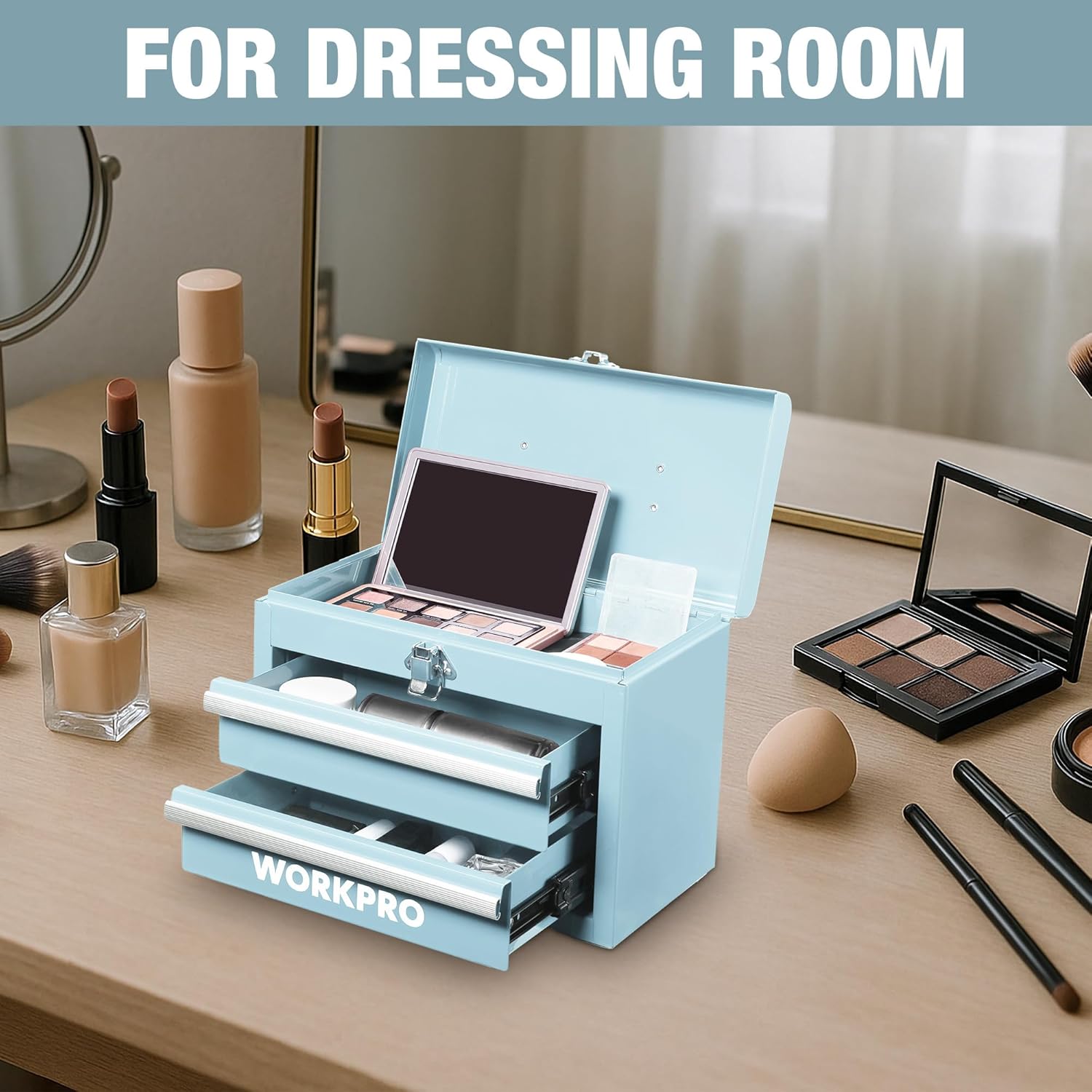 WORKPRO Boîte à outils portable en métal avec 2 tiroirs et espace de rangement supérieur, Bleu clair, 27,5 x 15 x 20,8 cm, Organiseur de table avec tiroirs et poignée pour bureau