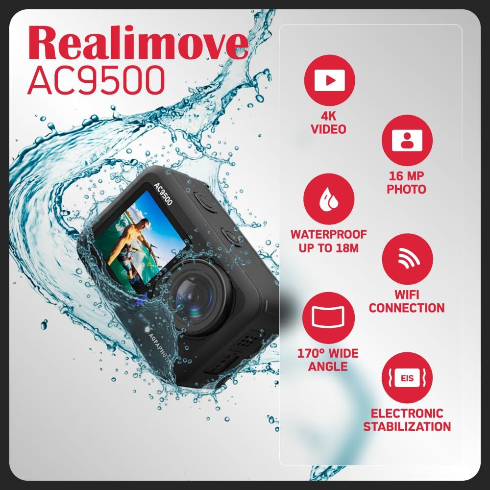 AgfaPhoto Realimove AC9500 caméra d'action étanche 4K, grand angle 170 ° avec accessoires