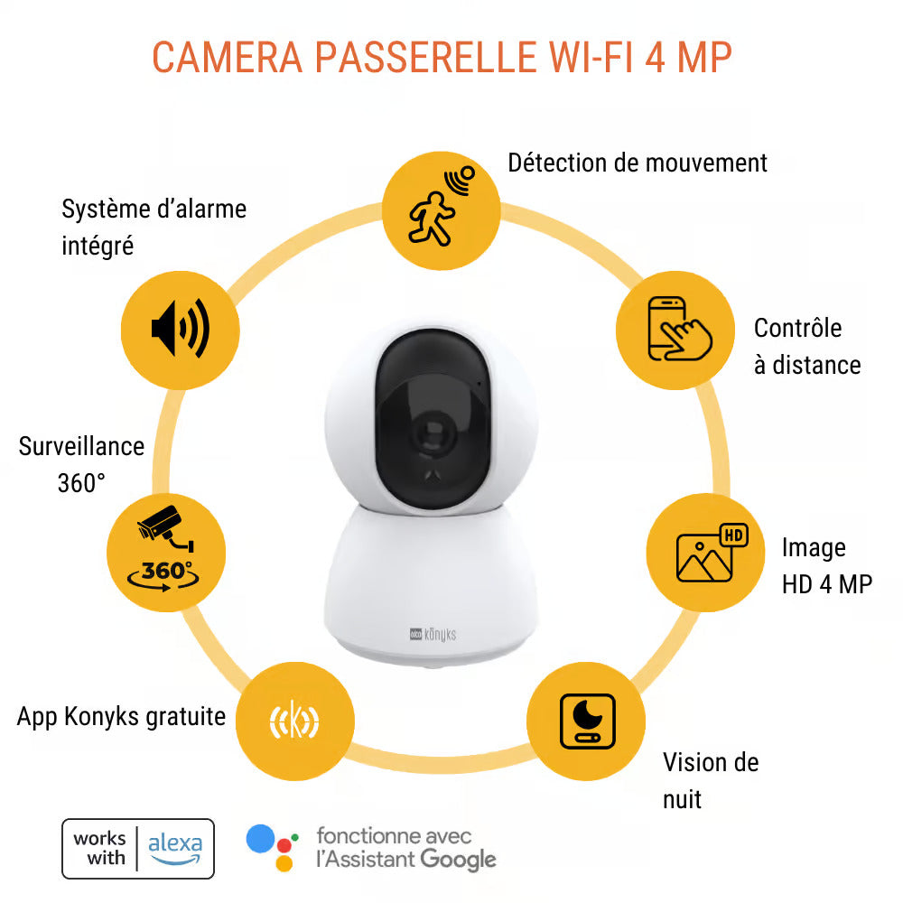 Konyks KO338690 Pack sécurité - 1 caméra Wi-Fi intérieure + 2 détecteurs d'ouverture + 1 détecteur de mouvement + 2 télécommandes