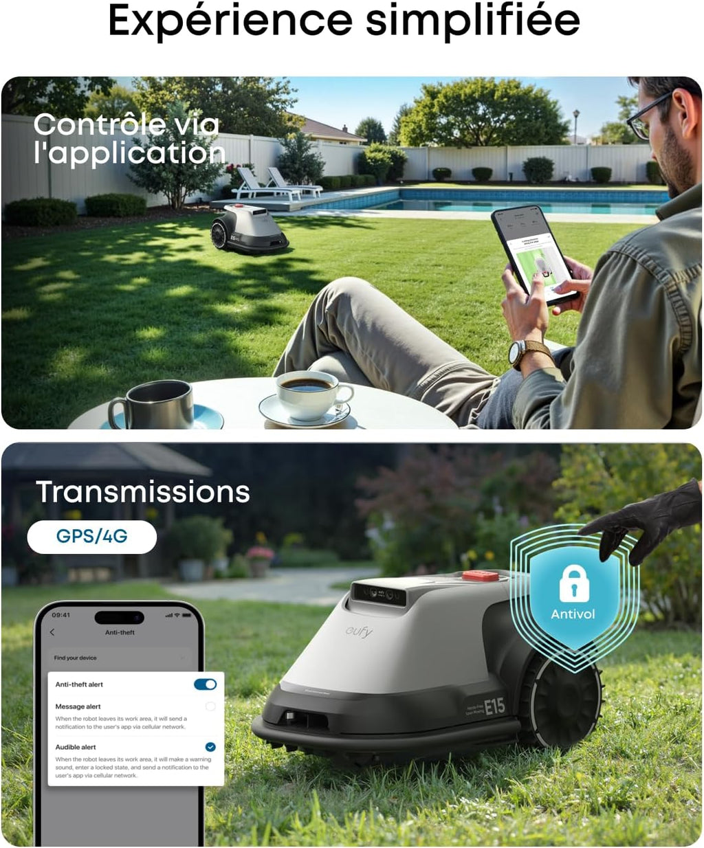 eufy E15 Robot tondeuse sans câble périphérique, sans coupure de signal, sans RTK, technologie TrueVision, navigation intelligente, jardin jusqu'à 800 m², tonte précise